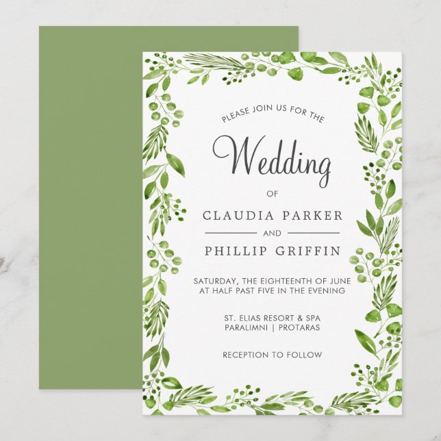 Invitation Mariage de cadre de feuille d'olive vert rustique (Devant / Derrière)