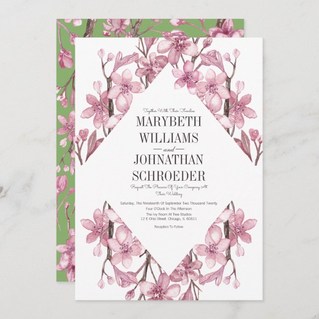 Invitation Mariage de cadre de fleurs de cerisier rose (Devant / Derrière)