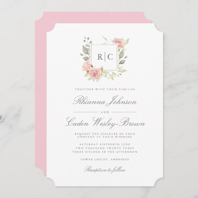 Invitation Mariage de cadre de monogramme de roses roses lavé (Devant / Derrière)