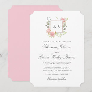 Invitation Mariage de cadre de monogramme de roses roses lavé