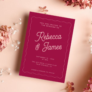 Invitation Mariage de cadre de vague Retro rose Magenta Fuchs