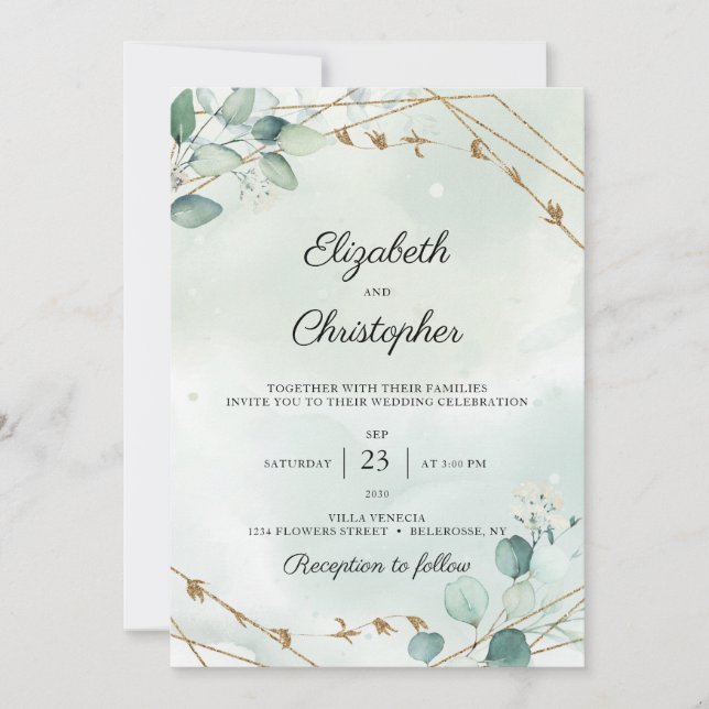 Invitation Mariage de cadre d'or Eucalyptus Foliage vert (Devant)