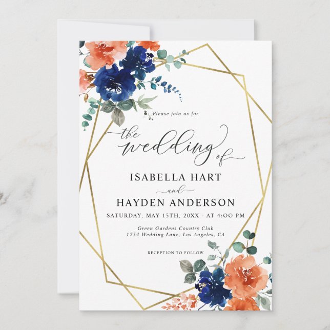 Invitation Mariage de cadre d'or Floral Orange Bural Navy (Devant)