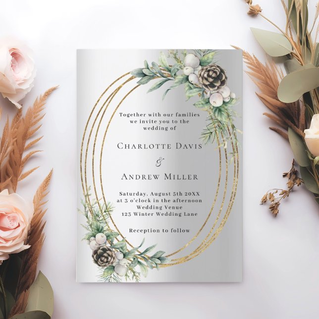 Invitation Mariage de cadre doré de pin cône argenté (Créateur téléchargé)