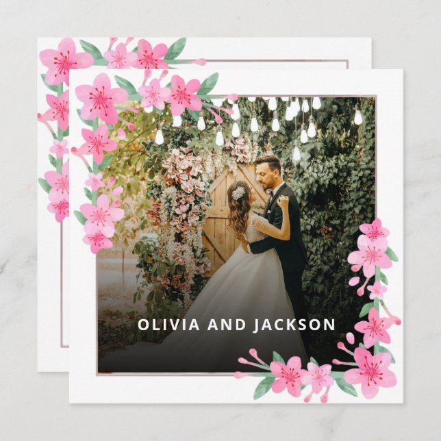 Invitation Mariage de cadre doré rose fleuri de bienvenue (Devant / Derrière)