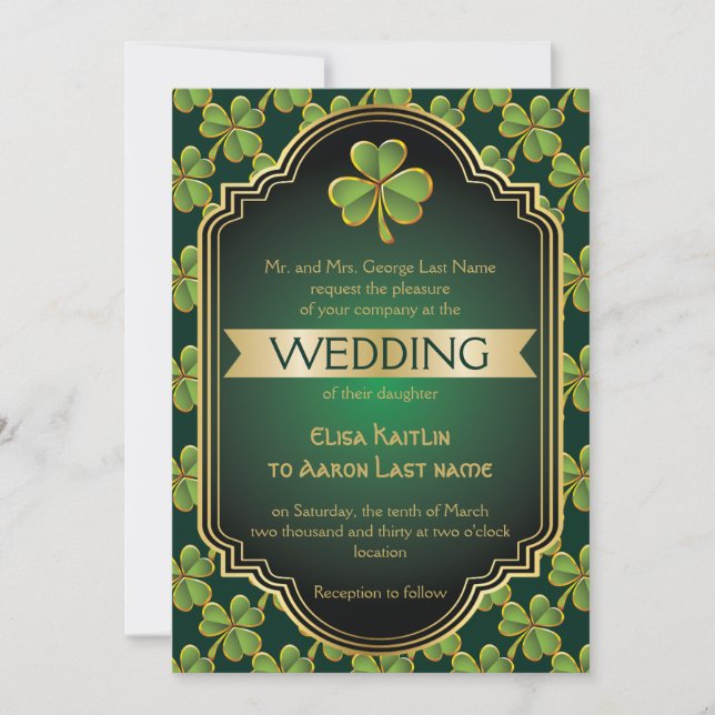 Invitation Mariage de cadre et de trèfle en or, en irlandais  (Devant)