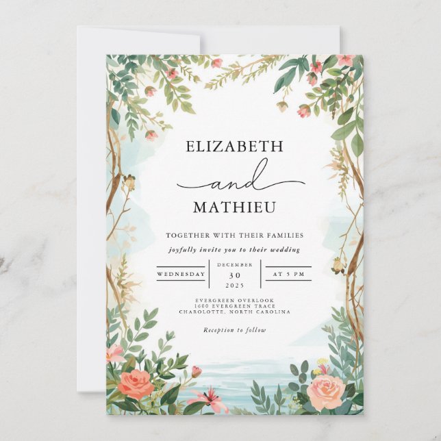 Invitation Mariage de cadre fleuri et verdoyant (Devant)