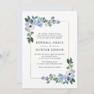Invitation mariage de cadre floral bleu et vert peint
