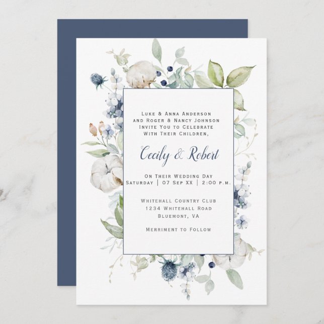 Invitation Mariage de cadre floral gris gris gris gris bleu f (Devant / Derrière)