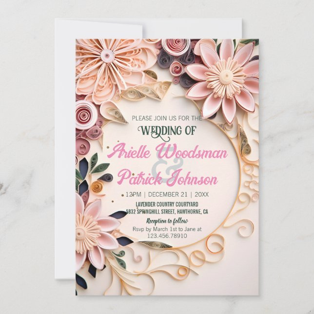 Invitation Mariage de cadre floral Pastel Quill en papier Cus (Devant)