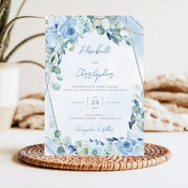 Invitation Mariage de cadre géométrique bleu-bleu-bleu fleuri (Winter blue flowers mixed eucalyptus greenery and silver glitter frame wedding invitation)