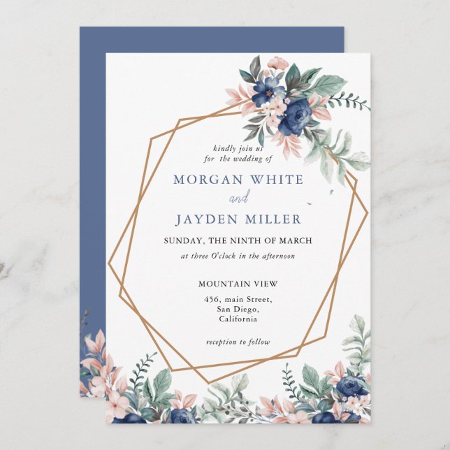 Invitation Mariage de cadre géométrique en or bleu Dusty Flor (Devant / Derrière)