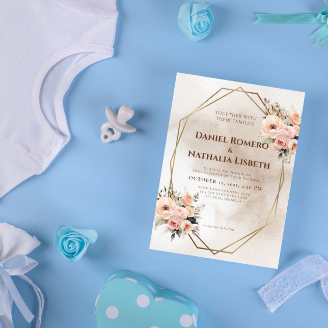 Invitation Mariage de cadre géométrique en or floral rustique (Créateur téléchargé)