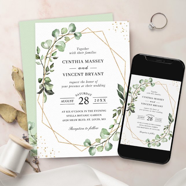 Invitation Mariage de cadre géométrique Eucalyptus vert chic (Perfect for couples planning a modern and sophisticated wedding.)
