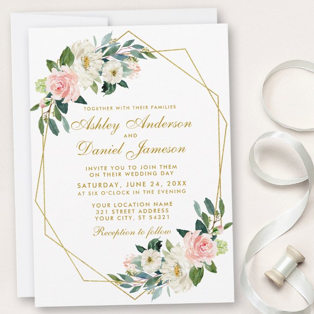 Invitation Mariage de cadre géométrique moderne Floral Rose o (Customize to change text size, style or text color.)