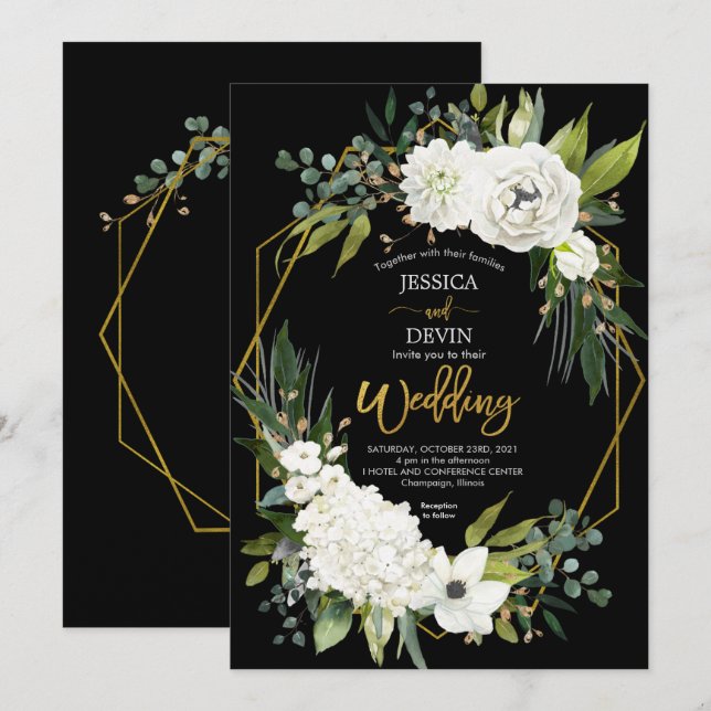 Invitation Mariage de cadre moderne blanc floral noir or (Devant / Derrière)