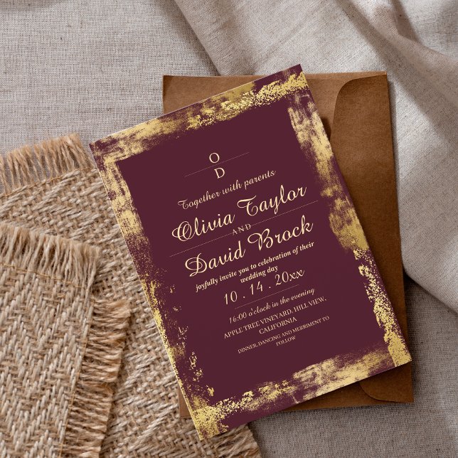 Invitation Mariage de cadre moderne Bourgogne & Or (Créateur téléchargé)