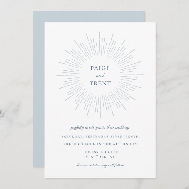 Invitation Mariage de cadre moderne Dusty Blue Sunburst (Devant / Derrière)