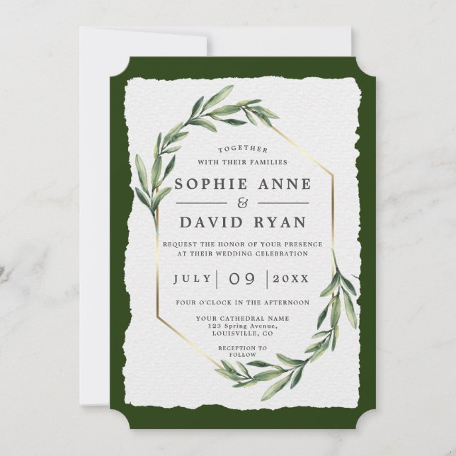 Invitation Mariage de cadre or Feuille vert moderne (Devant)