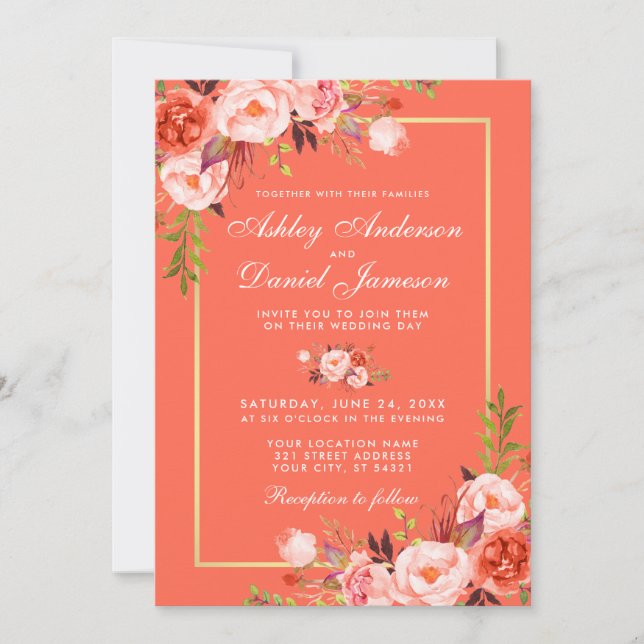 Invitation Mariage de cadre or Floral Coral moderne (Devant)