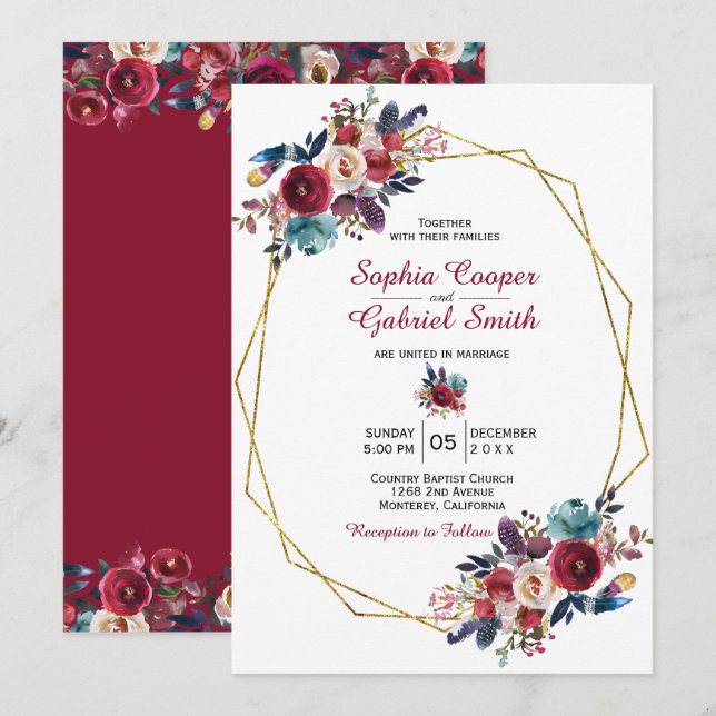 Invitation Mariage de cadre or floral de la marine de Bourgog (Devant / Derrière)
