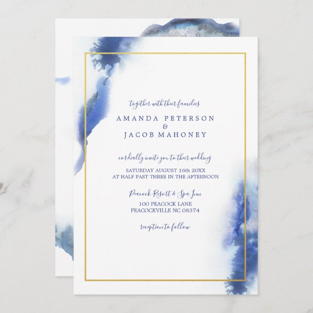 Invitation Mariage de cadre or Ombre en marbre bleu (Devant / Derrière)