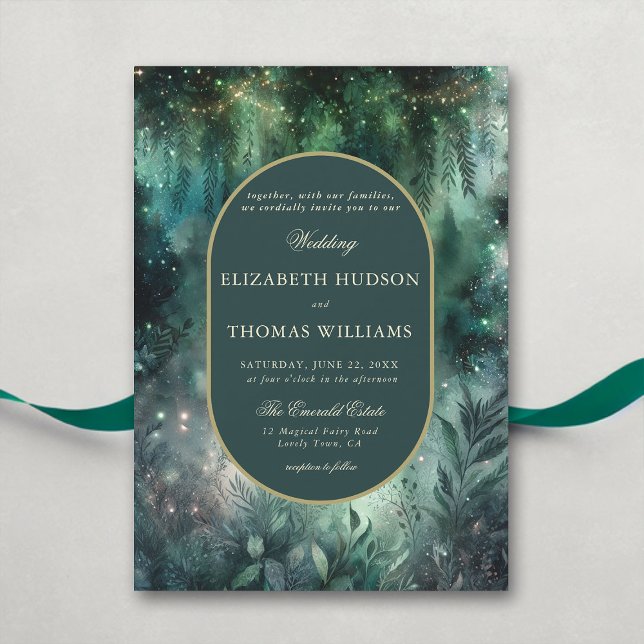 Invitation Mariage de cadre ovale Enchanted Forest Faux Gold (enchanted forest wedding invitation elegant magical fairy garden foliage greenery emerald gold oval )