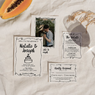 Invitation Mariage de cadre rétro de gâteau dessiné à la main