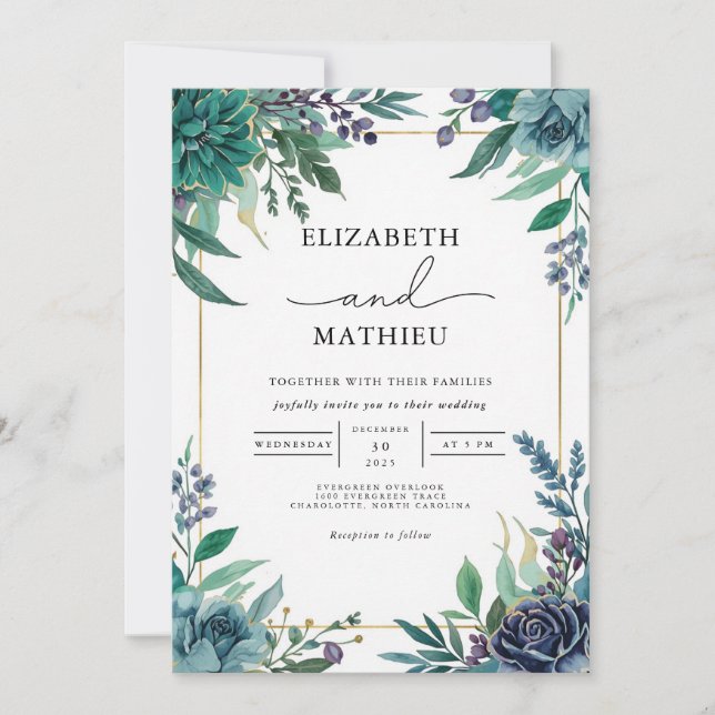 Invitation Mariage de cadre végétal Turquoise profond (Devant)
