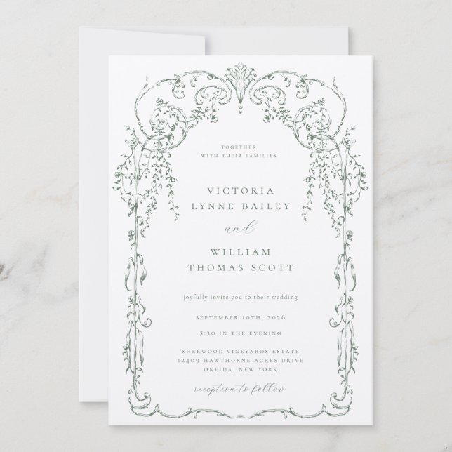 Invitation Mariage de cadre victorien vert Sage (Devant)