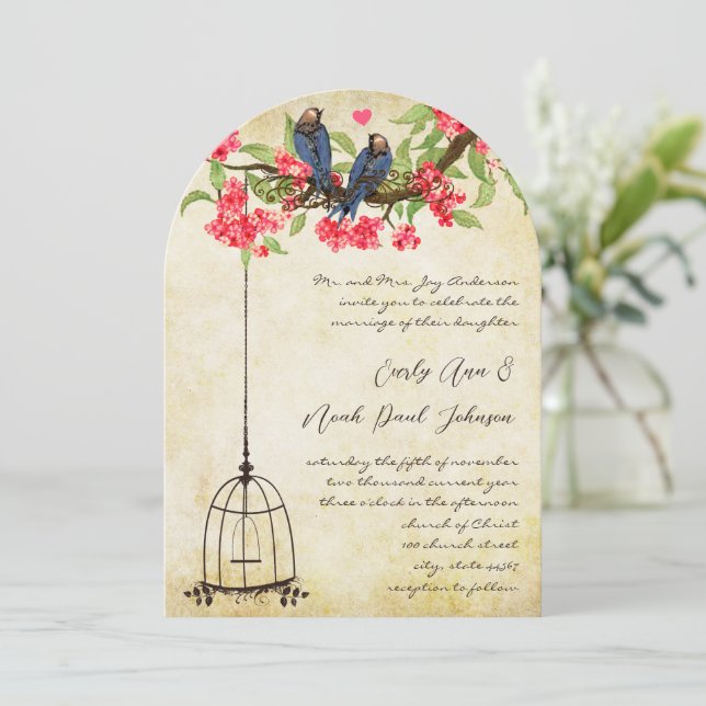Invitation Mariage de cage d'oiseau Fuchsia Cherry Blossom In (Debout devant)