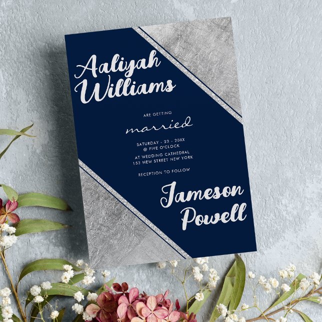 Invitation Mariage de calligraphie bleu marine argenté (Silver navy blue script calligraphy wedding)
