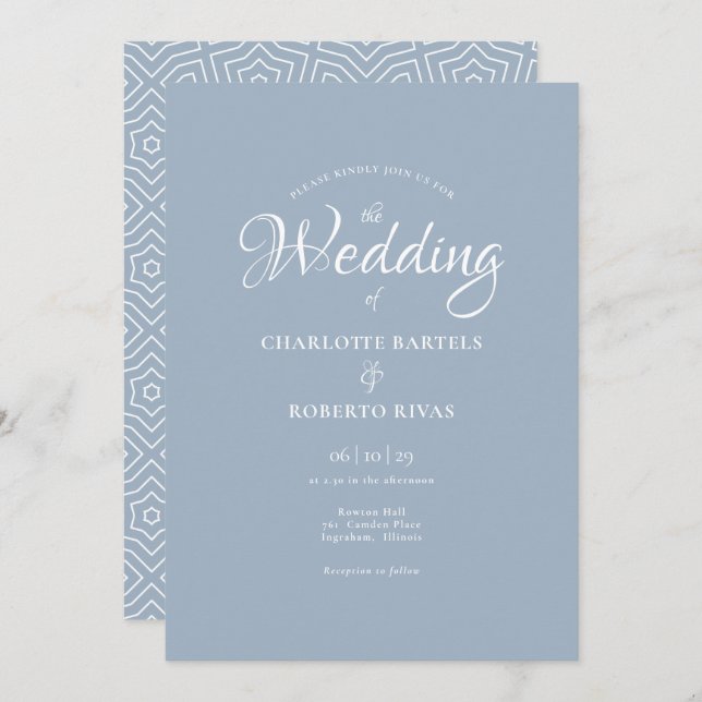 Invitation Mariage de calligraphie bleu simple Dusty (Devant / Derrière)