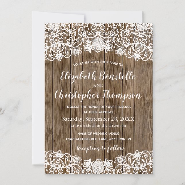 Invitation Mariage de calligraphie de dentelle de bois rustiq (Devant)