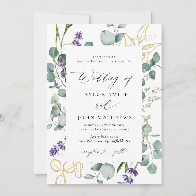 Invitation Mariage de calligraphie de l'eucalyptus or (Devant)