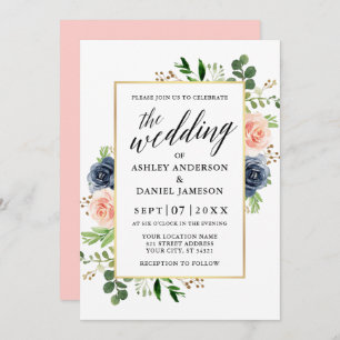 Invitation Mariage de calligraphie de Roses Rose Bleu Dusty