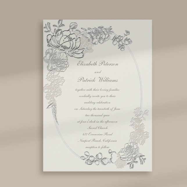 Invitation Mariage de calligraphie des cadres Ov de Faux Embo (peony wedding invitation floral oval frame formal traditional elegant calligraphy ecru classic chic)
