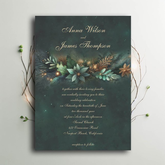 Invitation Mariage de calligraphie du conte de forêt enchanté (enchanted forest wedding invitation emerald gold garland calligraphy modern classic)