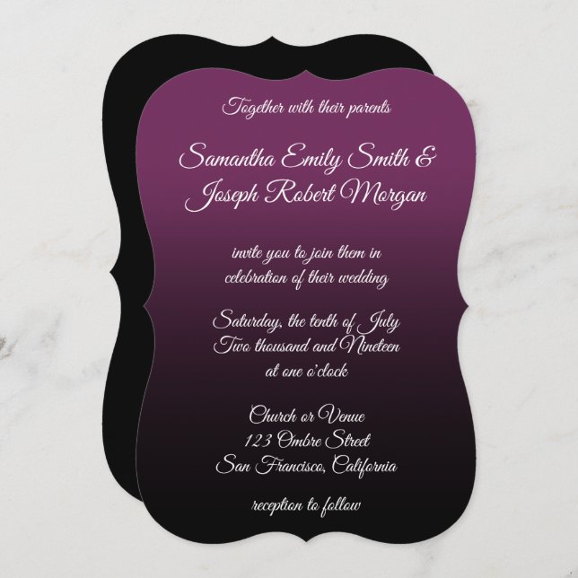 Invitation Mariage de calligraphie élégant Ombre noir violet (Devant / Derrière)
