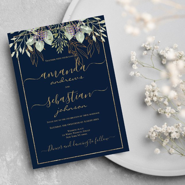 Invitation Mariage de calligraphie florale bleu marine or (Gold navy blue foliage floral calligraphy wedding)