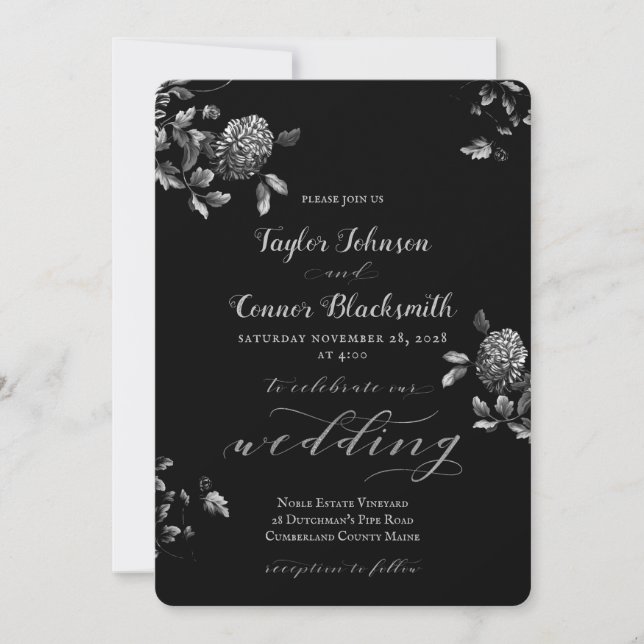 Invitation Mariage de calligraphie florale en argent noir rus (Devant)