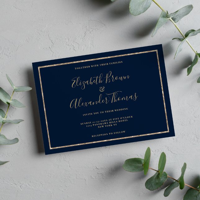 Invitation Mariage de calligraphie manuscrite en or bleu mari (Navy blue gold handwritten calligraphy wedding)