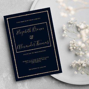Invitation Mariage de calligraphie manuscrite en or bleu mari