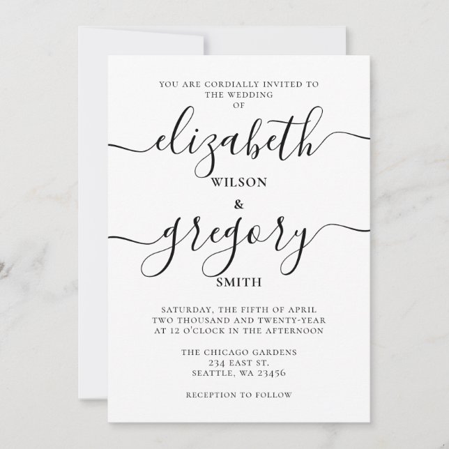 Invitation Mariage de calligraphie manuscrite noir et blanc (Devant)