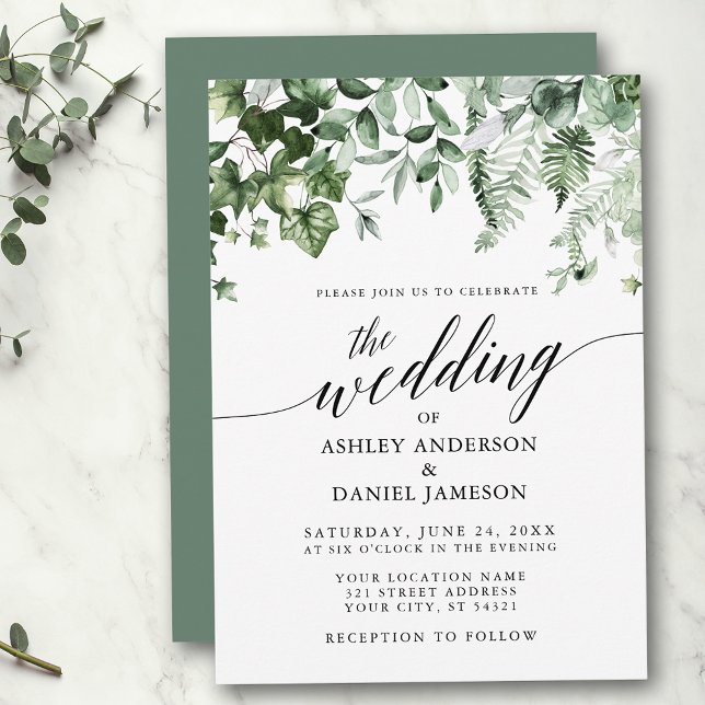 Invitation Mariage de calligraphie moderne Ivy Ferns Sage Gre (Customize to change your personalized text size, style or color of back of card.)