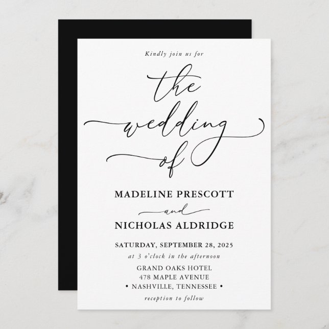 Invitation Mariage de calligraphie moderne noir et blanc (Devant / Derrière)