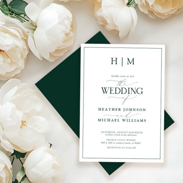 Invitation Mariage de calligraphie Monogramme vert émeraude (Créateur téléchargé)