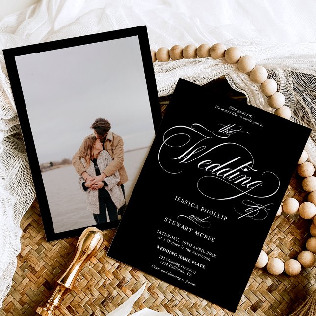 Invitation Mariage de calligraphie noir blanc chic (Chic white black photo calligraphy wedding invitation)