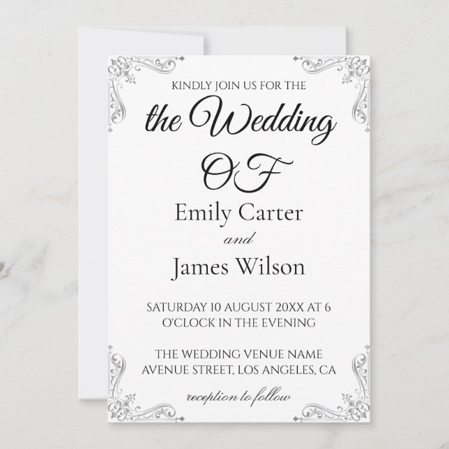 Invitation Mariage de calligraphie noir et blanc élégant et l (Devant)