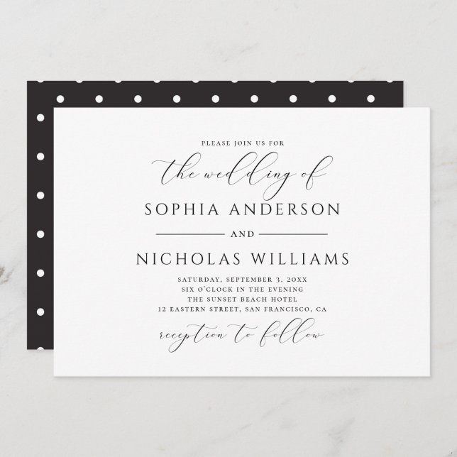Invitation Mariage de calligraphie noir et blanc. Pois (Devant / Derrière)